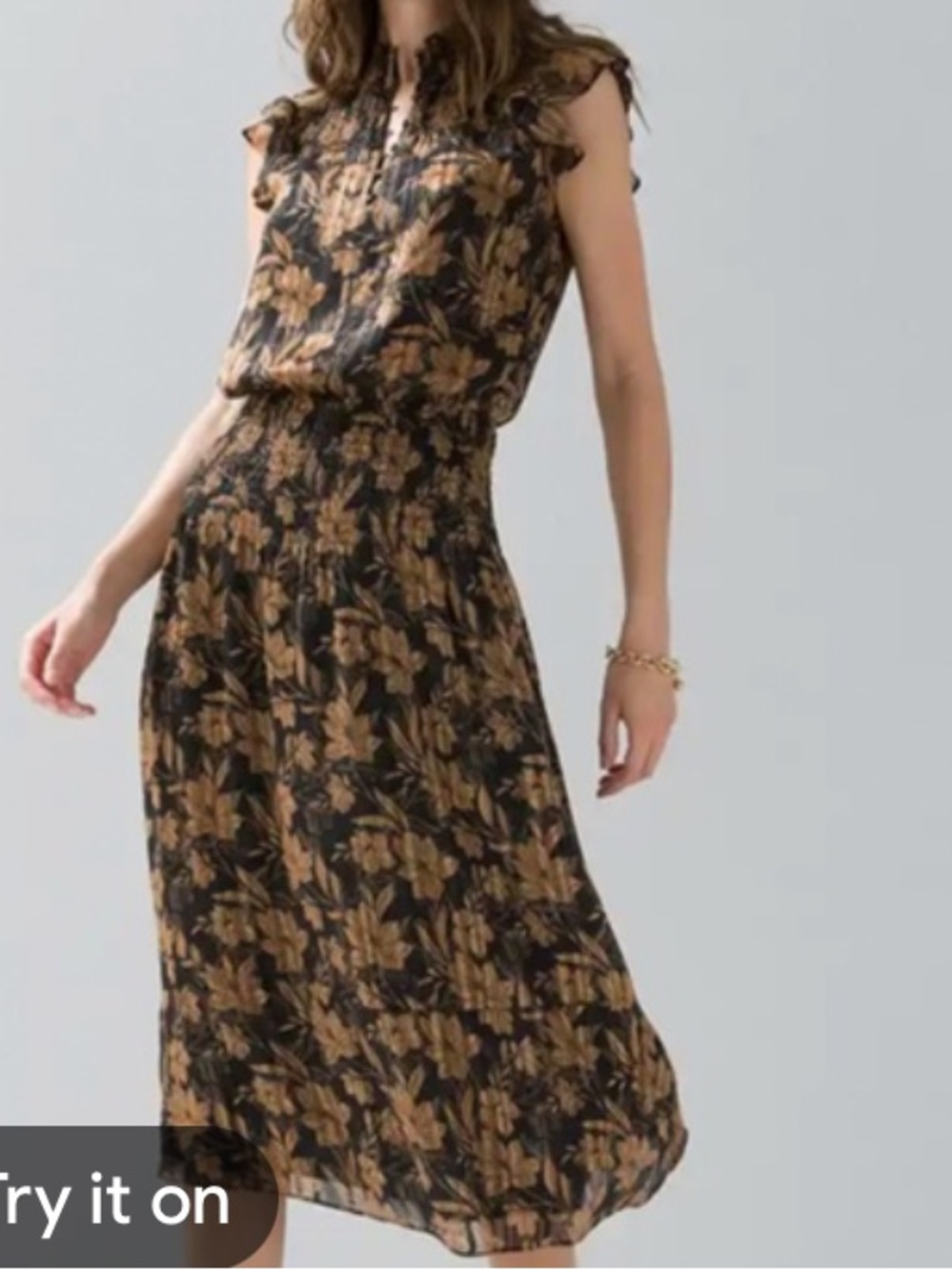 White House Black Market Black Floral Midi Dress with Tan Flower Print size S